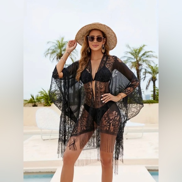 New Boho Solid Black Tassel Embroidered Sheer Kimono Festival Beach Cover Up NWT - Picture 7 of 16